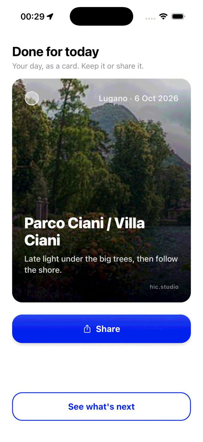 A finished day in Lugano as a shareable card
