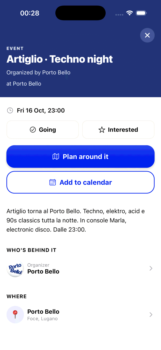 An event on Hic: Artiglio, a techno night at Porto Bello in Lugano
